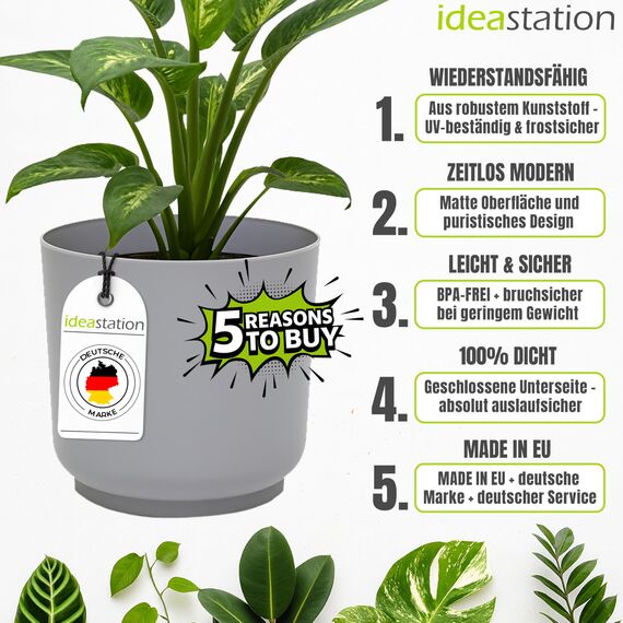 idea-station Sati Blumentopf Set 3 x 15 cm - grau - bruchsichere Blumentöpfe aus Plastik für verschiedenste Pflanzen, Blumen - Matte Übertöpfe für innen und außen