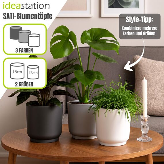 idea-station Sati Blumentopf Set 3 x 13 cm - anthrazit - bruchsichere Blumentöpfe aus Plastik für verschiedenste Pflanzen, Blumen - Matte Übertöpfe für innen und außen