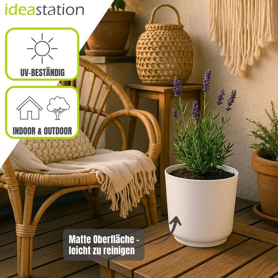 idea-station Sati Blumentopf Set 3 x 15 cm - weiß - bruchsichere Blumentöpfe aus Plastik für verschiedenste Pflanzen, Blumen - Matte Übertöpfe für innen und außen