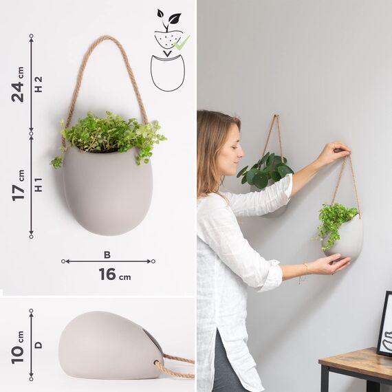 Kazai. Wandvasen -Ellie- | Hängende Keramik-Blumentöpfe 2-teilig | Wand-Deko für Zimmer, Balkon und Garten | Hellgrau (matt)