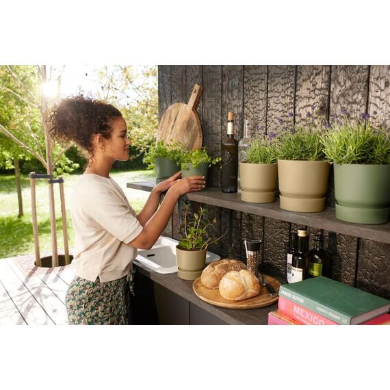 elho Greenville Rund 16 - Blumentopf für Innen und Außen - Selbstbewässerungstopf - 100% recyceltes Plastik - Ø 16.0 x H 15.3 cm - Beige/Goldener Sand