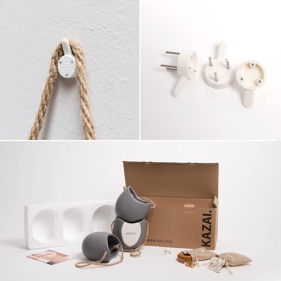 Kazai. Wandvasen -Ellie- | Hängende Keramik-Blumentöpfe 3-teilig | Wand-Deko für Zimmer, Balkon und Garten | Grau (matt)