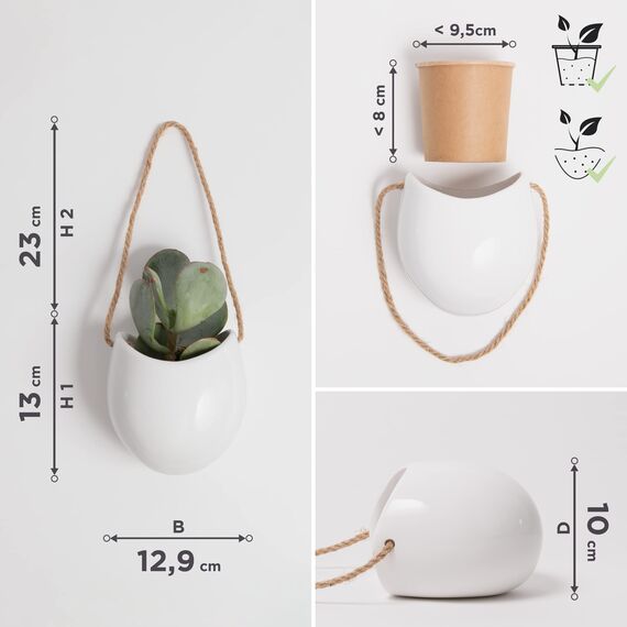 Kazai. Wandvasen -Ellie- | Hängende Keramik-Blumentöpfe 3-teilig | Wand-Deko für Zimmer, Balkon und Garten | Weiss (glänzend)