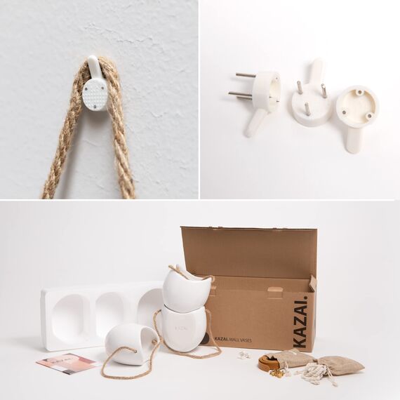 Kazai. Wandvasen -Ellie- | Hängende Keramik-Blumentöpfe 3-teilig | Wand-Deko für Zimmer, Balkon und Garten | Weiss (glänzend)