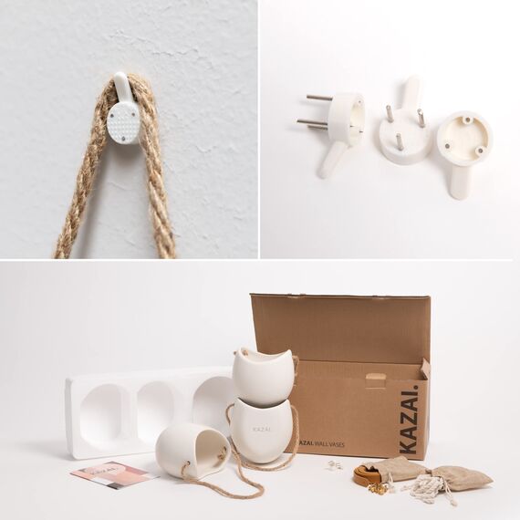 Kazai. Wandvasen -Ellie- | Hängende Keramik-Blumentöpfe 3-teilig | Wand-Deko für Zimmer, Balkon und Garten | Creme (matt)