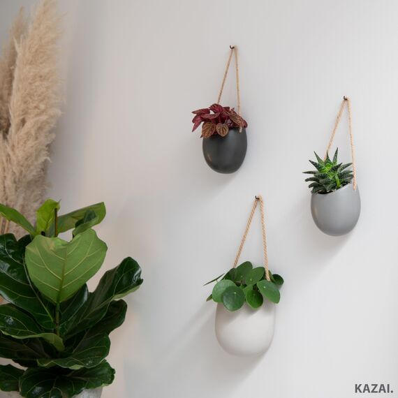 Kazai. Wandvasen -Ellie- | Hängende Keramik-Blumentöpfe 3-teilig | Wand-Deko für Zimmer, Balkon und Garten | Graphit (matt)