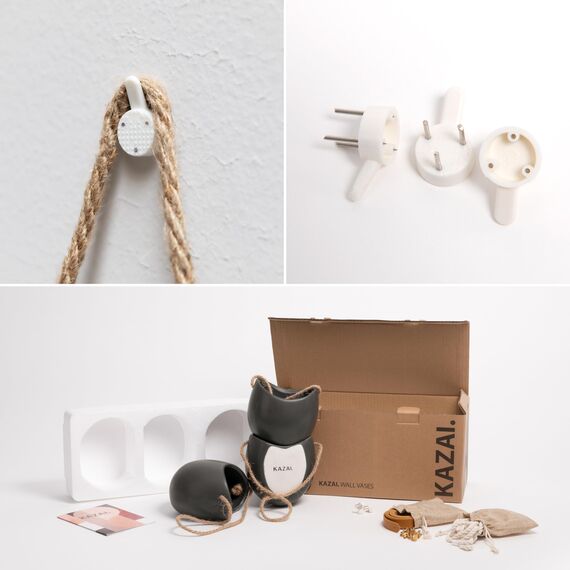 Kazai. Wandvasen -Ellie- | Hängende Keramik-Blumentöpfe 3-teilig | Wand-Deko für Zimmer, Balkon und Garten | Graphit (matt)