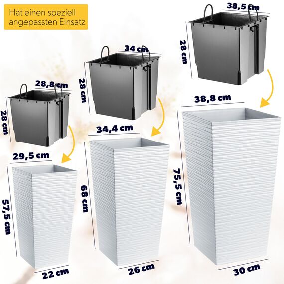KADAX 3er Set Pflanzkübel mit Innentopf 57/68/75 cm Höhe, Weiß – wetterfeste & robuste Blumenkübel aus Kunststoff, Blumentöpfe für Innen- & Außenbereich