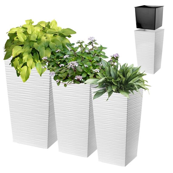 KADAX 3er Set Pflanzkübel mit Innentopf 57/68/75 cm Höhe, Weiß – wetterfeste & robuste Blumenkübel aus Kunststoff, Blumentöpfe für Innen- & Außenbereich