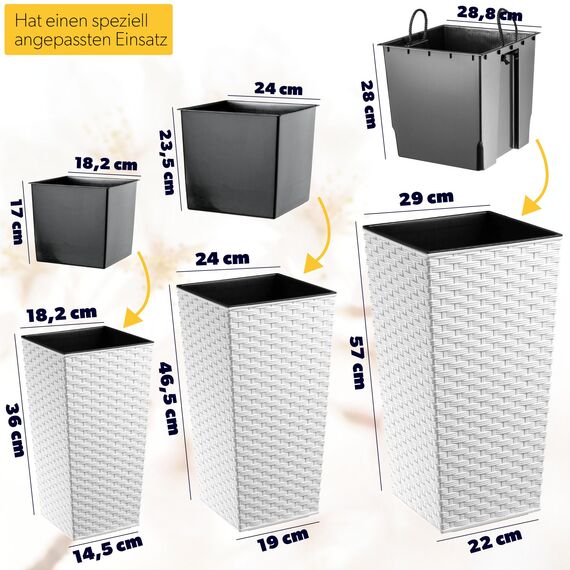 KADAX 3er Set Pflanzkübel mit Innentopf 36/46,5/57,5 cm Höhe, Weiß Rattan – wetterfeste & robuste Blumenkübel aus Kunststoff, Blumentöpfe für Innen- & Außenbereich