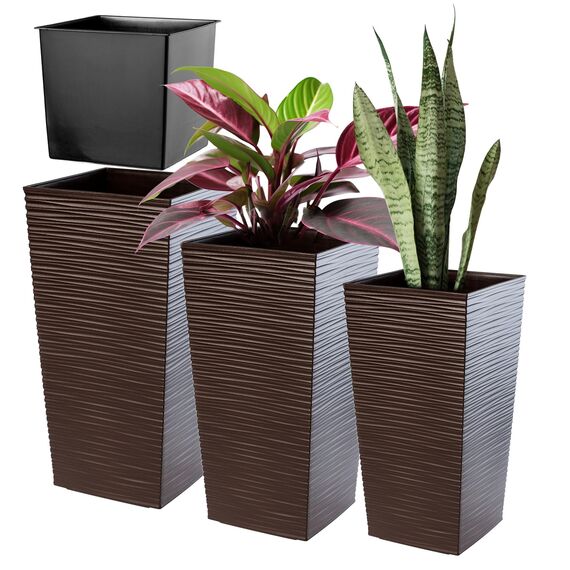 KADAX 3er Set Pflanzkübel mit Innentopf 36/46,5/57,5 cm Höhe, Mokka – wetterfeste & robuste Blumenkübel aus Kunststoff, Blumentöpfe für Innen- & Außenbereich