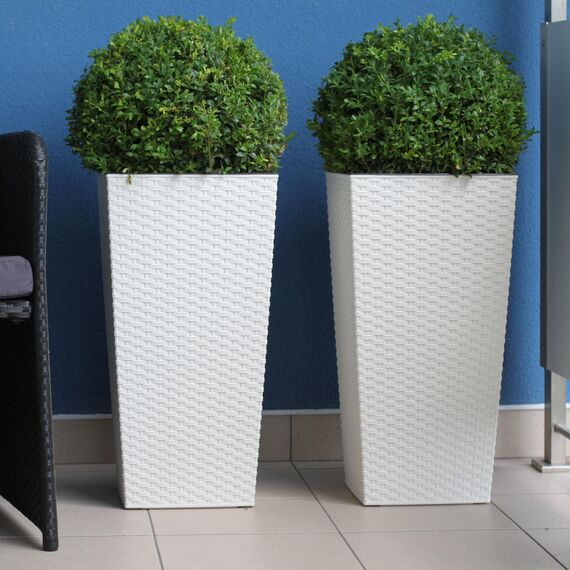 KADAX 3er Set Pflanzkübel mit Innentopf 36/46,5/57,5 cm Höhe, Weiß Rattan – wetterfeste & robuste Blumenkübel aus Kunststoff, Blumentöpfe für Innen- & Außenbereich