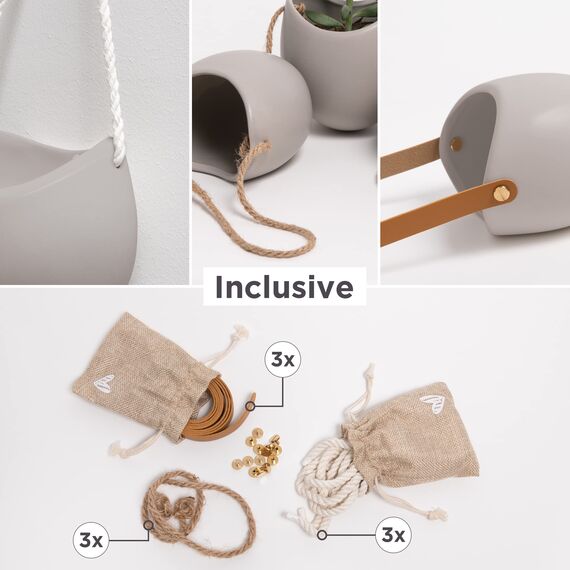 Kazai. Wandvasen -Ellie- | Hängende Keramik-Blumentöpfe 3-teilig | Wand-Deko für Zimmer, Balkon und Garten | Hellgrau (matt)