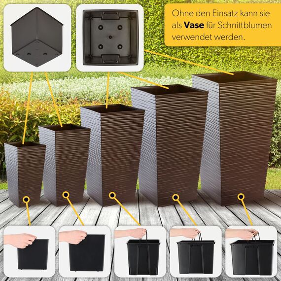 KADAX 3er Set Pflanzkübel mit Innentopf 36/46,5/57,5 cm Höhe, Mokka – wetterfeste & robuste Blumenkübel aus Kunststoff, Blumentöpfe für Innen- & Außenbereich
