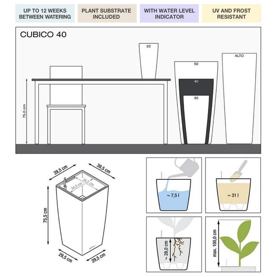 LECHUZA CUBICO Premium 40 anthrazit metallic 18194, 39.5x39.5x75.5 cm
