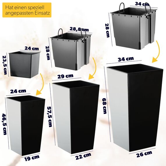 KADAX 3er Set Pflanzkübel mit Innentopf 46,5/57,5/68 cm Höhe, Schwarz Glatt – wetterfeste & robuste Blumenkübel aus Kunststoff, Blumentöpfe für Innen- & Außenbereich
