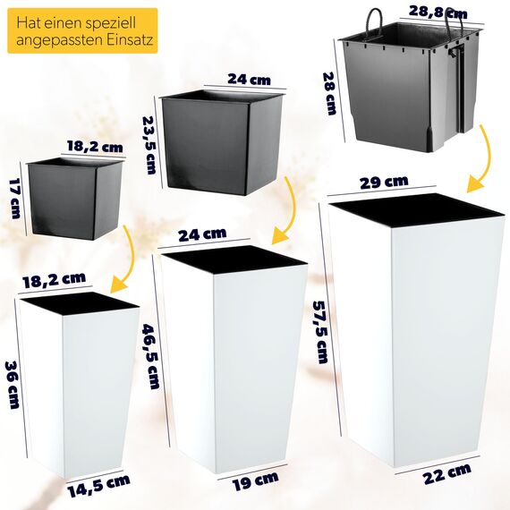 KADAX 3er Set Pflanzkübel mit Innentopf 36/46,5/57,5 cm Höhe, Weiß Glatt – wetterfeste & robuste Blumenkübel aus Kunststoff, Blumentöpfe für Innen- & Außenbereich