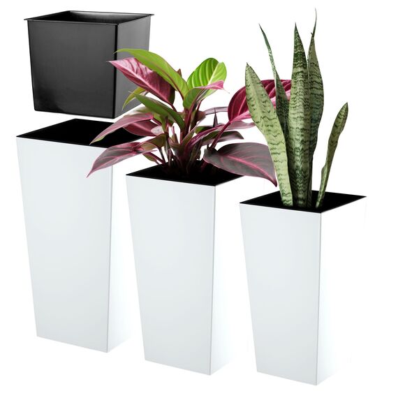KADAX 3er Set Pflanzkübel mit Innentopf 46,5/57,5/68 cm Höhe, Weiß Glatt – wetterfeste & robuste Blumenkübel aus Kunststoff, Blumentöpfe für Innen- & Außenbereich
