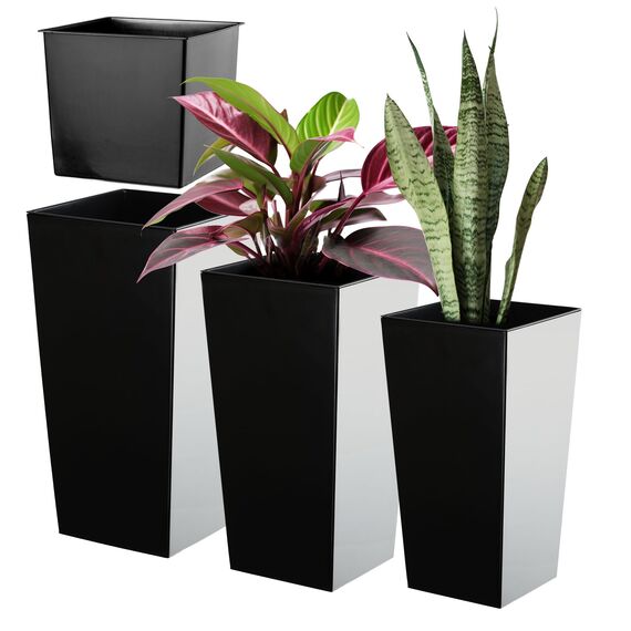 KADAX 3er Set Pflanzkübel mit Innentopf 36/46,5/57,5 cm Höhe, Schwarz Glatt – wetterfeste & robuste Blumenkübel aus Kunststoff, Blumentöpfe für Innen- & Außenbereich