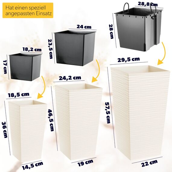 KADAX 3er Set Pflanzkübel mit Innentopf 36/46,5/57,5 cm Höhe, Creme – wetterfeste & robuste Blumenkübel aus Kunststoff, Blumentöpfe für Innen- & Außenbereich