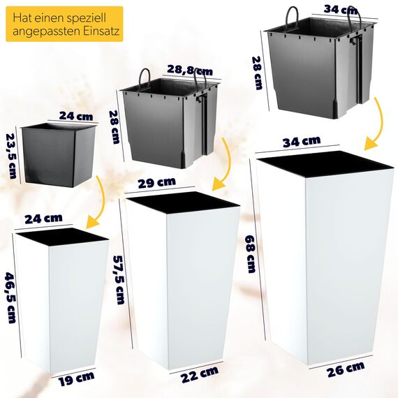 KADAX 3er Set Pflanzkübel mit Innentopf 46,5/57,5/68 cm Höhe, Weiß Glatt – wetterfeste & robuste Blumenkübel aus Kunststoff, Blumentöpfe für Innen- & Außenbereich