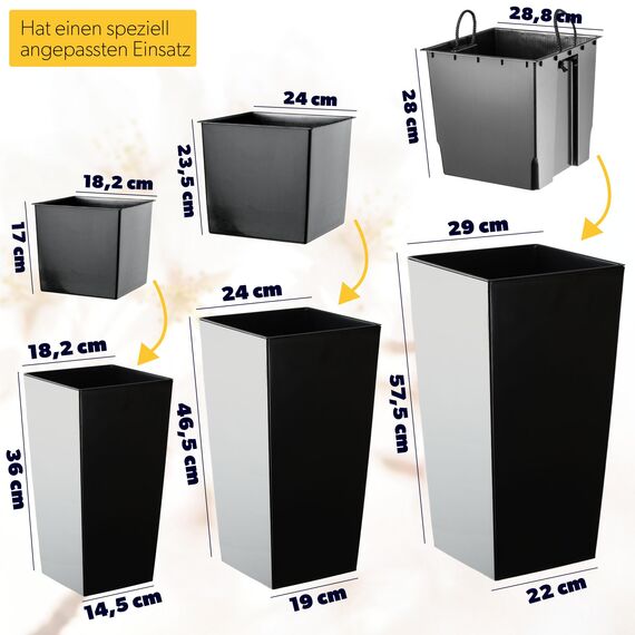 KADAX 3er Set Pflanzkübel mit Innentopf 36/46,5/57,5 cm Höhe, Schwarz Glatt – wetterfeste & robuste Blumenkübel aus Kunststoff, Blumentöpfe für Innen- & Außenbereich