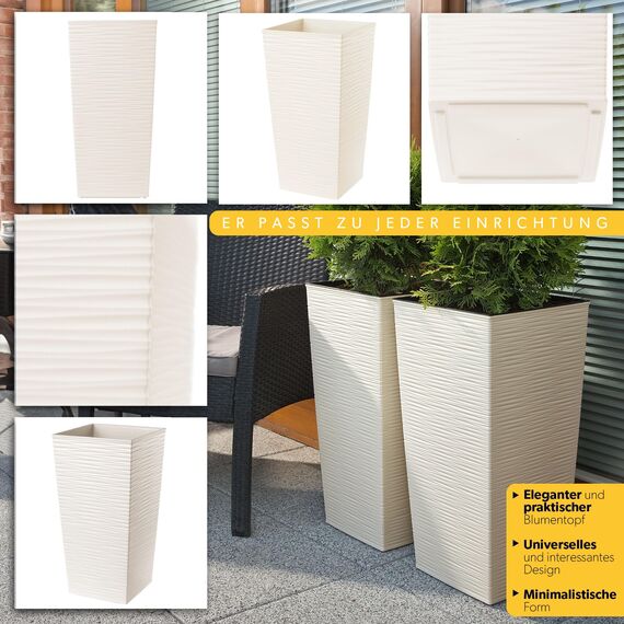 KADAX 3er Set Pflanzkübel mit Innentopf 57/68/75 cm Höhe, Creme – wetterfeste & robuste Blumenkübel aus Kunststoff, Blumentöpfe für Innen- & Außenbereich