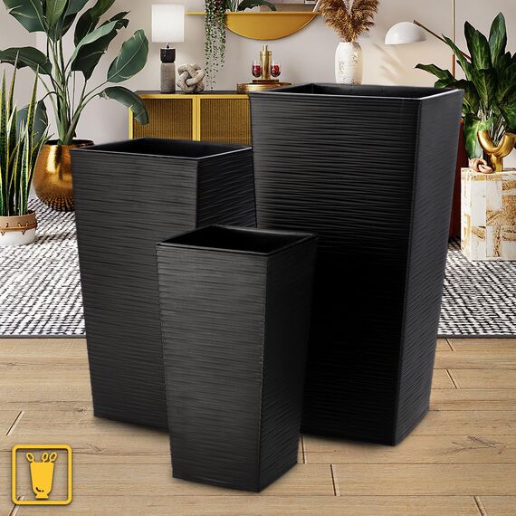 KADAX 3er Set Pflanzkübel mit Innentopf 46,5/57,5/68 cm Höhe, Schwarz – wetterfeste & robuste Blumenkübel aus Kunststoff, Blumentöpfe für Innen- & Außenbereich