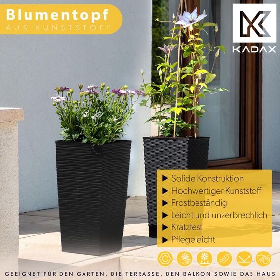 KADAX 3er Set Pflanzkübel mit Innentopf 57/68/75 cm Höhe, Schwarz – wetterfeste & robuste Blumenkübel aus Kunststoff, Blumentöpfe für Innen- & Außenbereich
