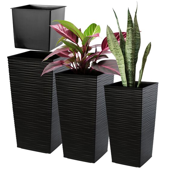 KADAX 3er Set Pflanzkübel mit Innentopf 46,5/57,5/68 cm Höhe, Schwarz – wetterfeste & robuste Blumenkübel aus Kunststoff, Blumentöpfe für Innen- & Außenbereich
