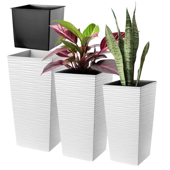 KADAX 3er Set Pflanzkübel mit Innentopf 46,5/57,5/68 cm Höhe, Weiß – wetterfeste & robuste Blumenkübel aus Kunststoff, Blumentöpfe für Innen- & Außenbereich