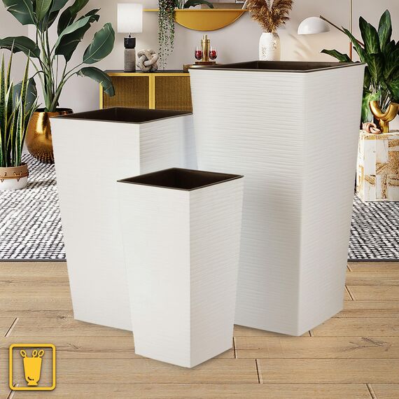 KADAX 3er Set Pflanzkübel mit Innentopf 57/68/75 cm Höhe, Creme – wetterfeste & robuste Blumenkübel aus Kunststoff, Blumentöpfe für Innen- & Außenbereich