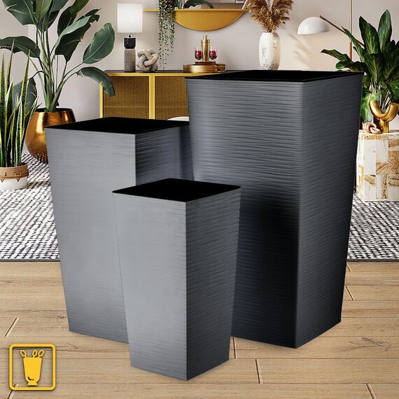 KADAX 3er Set Pflanzkübel mit Innentopf 46,5/57,5/68 cm Höhe, Grafit – wetterfeste & robuste Blumenkübel aus Kunststoff, Blumentöpfe für Innen- & Außenbereich