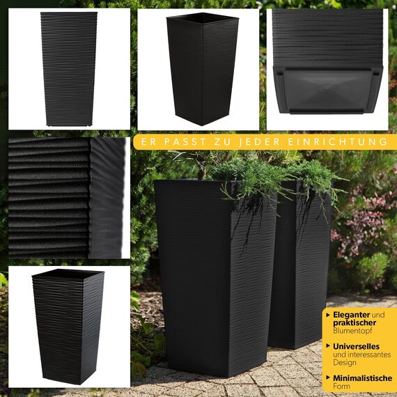 KADAX 3er Set Pflanzkübel mit Innentopf 57/68/75 cm Höhe, Schwarz – wetterfeste & robuste Blumenkübel aus Kunststoff, Blumentöpfe für Innen- & Außenbereich