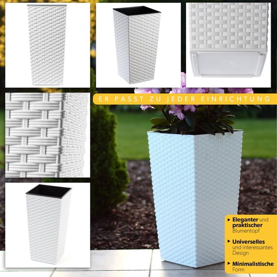 KADAX 3er Set Pflanzkübel mit Innentopf 57/68/75 cm Höhe, Weiß Rattan – wetterfeste & robuste Blumenkübel aus Kunststoff, Blumentöpfe für Innen- & Außenbereich