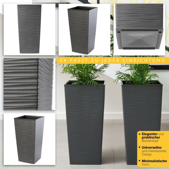 KADAX 3er Set Pflanzkübel mit Innentopf 36/46,5/57,5 cm Höhe, Grafit – wetterfeste & robuste Blumenkübel aus Kunststoff, Blumentöpfe für Innen- & Außenbereich