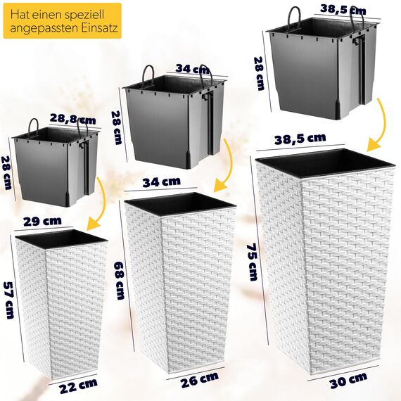 KADAX 3er Set Pflanzkübel mit Innentopf 57/68/75 cm Höhe, Weiß Rattan – wetterfeste & robuste Blumenkübel aus Kunststoff, Blumentöpfe für Innen- & Außenbereich