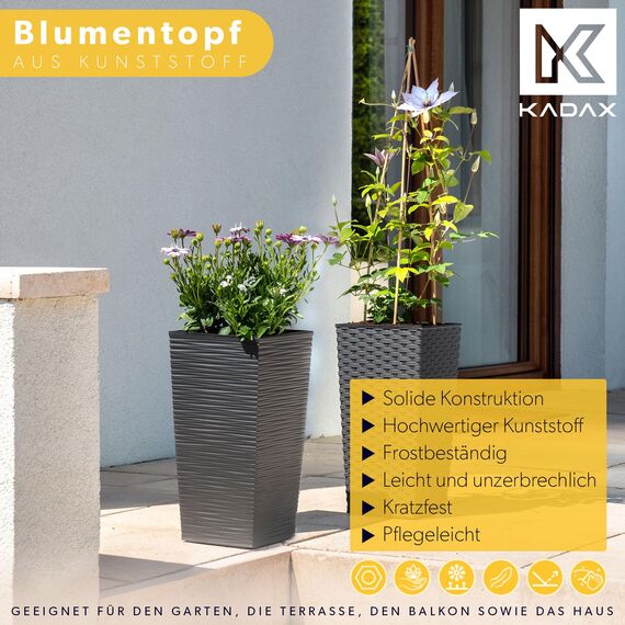 KADAX 3er Set Pflanzkübel mit Innentopf 36/46,5/57,5 cm Höhe, Grafit – wetterfeste & robuste Blumenkübel aus Kunststoff, Blumentöpfe für Innen- & Außenbereich