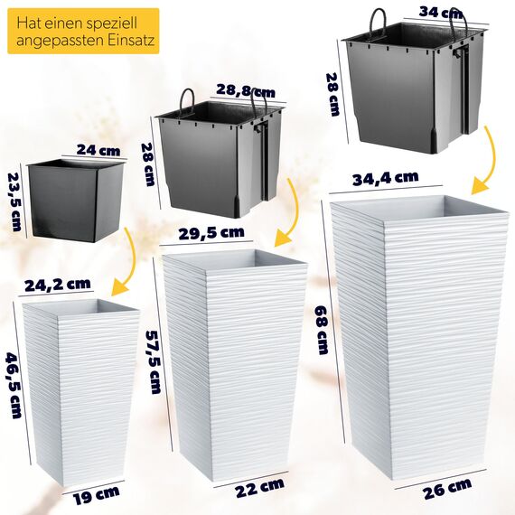 KADAX 3er Set Pflanzkübel mit Innentopf 46,5/57,5/68 cm Höhe, Weiß – wetterfeste & robuste Blumenkübel aus Kunststoff, Blumentöpfe für Innen- & Außenbereich