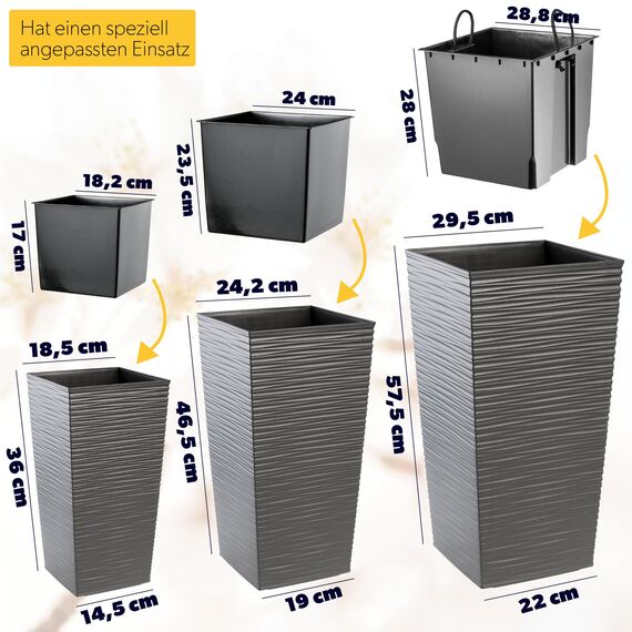 KADAX 3er Set Pflanzkübel mit Innentopf 36/46,5/57,5 cm Höhe, Grafit – wetterfeste & robuste Blumenkübel aus Kunststoff, Blumentöpfe für Innen- & Außenbereich