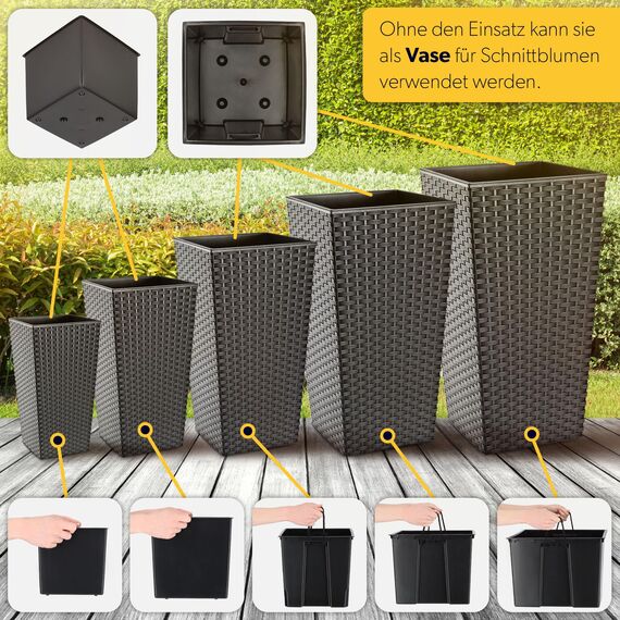 KADAX 3er Set Pflanzkübel mit Innentopf 57/68/75 cm Höhe, Grafit Rattan – wetterfeste & robuste Blumenkübel aus Kunststoff, Blumentöpfe für Innen- & Außenbereich