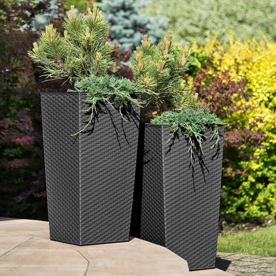 KADAX 3er Set Pflanzkübel mit Innentopf 46,5/57,5/68 cm Höhe, Grafit Rattan – wetterfeste & robuste Blumenkübel aus Kunststoff, Blumentöpfe für Innen- & Außenbereich