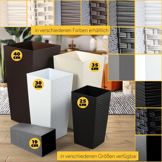KADAX 3er Set Pflanzkübel mit Innentopf 36/46,5/57,5 cm Höhe, Grafit Rattan – wetterfeste & robuste Blumenkübel aus Kunststoff, Blumentöpfe für Innen- & Außenbereich