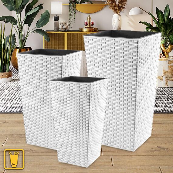 KADAX 3er Set Pflanzkübel mit Innentopf 36/46,5/57,5 cm Höhe, Weiß Rattan – wetterfeste & robuste Blumenkübel aus Kunststoff, Blumentöpfe für Innen- & Außenbereich