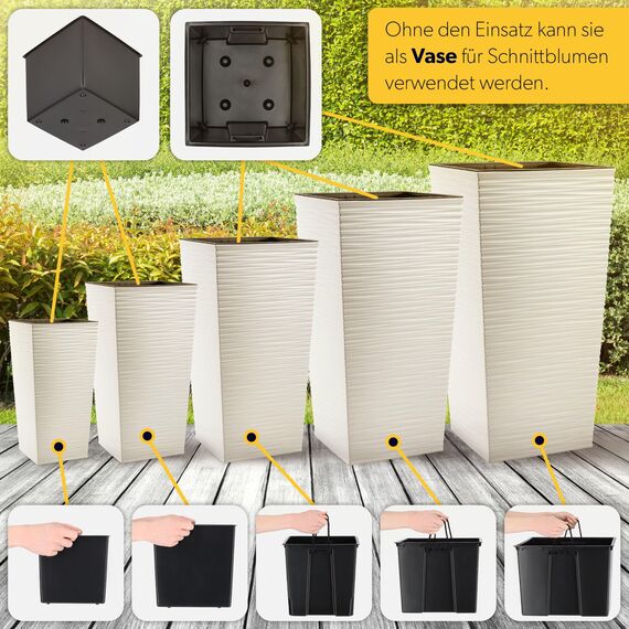 KADAX 3er Set Pflanzkübel mit Innentopf 46,5/57,5/68 cm Höhe, Creme – wetterfeste & robuste Blumenkübel aus Kunststoff, Blumentöpfe für Innen- & Außenbereich