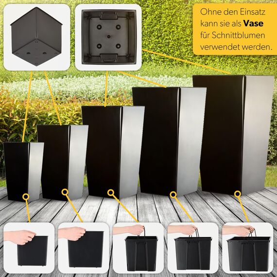 KADAX 3er Set Pflanzkübel mit Innentopf 46,5/57,5/68 cm Höhe, Schwarz Glatt – wetterfeste & robuste Blumenkübel aus Kunststoff, Blumentöpfe für Innen- & Außenbereich