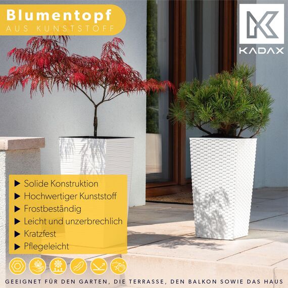 KADAX 3er Set Pflanzkübel mit Innentopf 57/68/75 cm Höhe, Weiß Rattan – wetterfeste & robuste Blumenkübel aus Kunststoff, Blumentöpfe für Innen- & Außenbereich