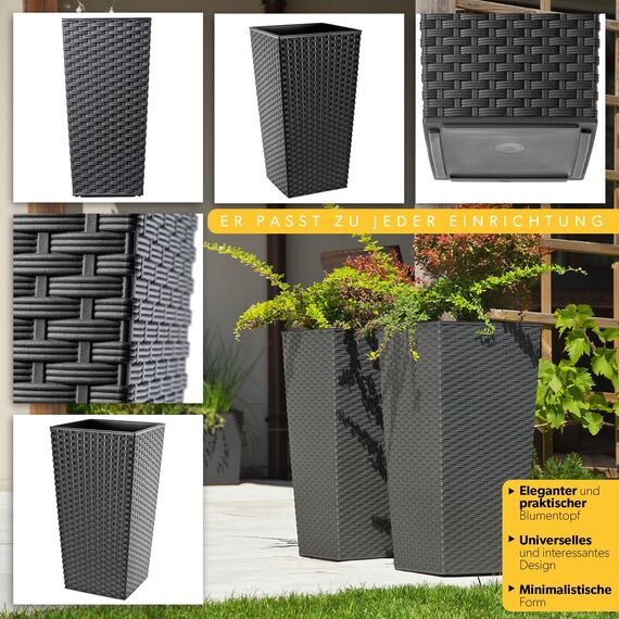 KADAX 3er Set Pflanzkübel mit Innentopf 36/46,5/57,5 cm Höhe, Grafit Rattan – wetterfeste & robuste Blumenkübel aus Kunststoff, Blumentöpfe für Innen- & Außenbereich