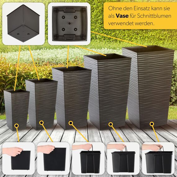 KADAX 3er Set Pflanzkübel mit Innentopf 46,5/57,5/68 cm Höhe, Grafit – wetterfeste & robuste Blumenkübel aus Kunststoff, Blumentöpfe für Innen- & Außenbereich