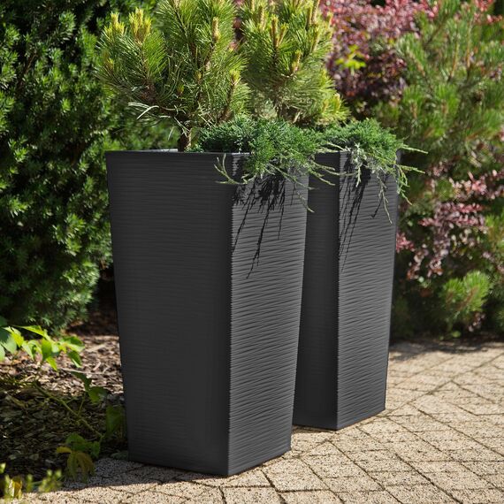 KADAX 3er Set Pflanzkübel mit Innentopf 46,5/57,5/68 cm Höhe, Grafit – wetterfeste & robuste Blumenkübel aus Kunststoff, Blumentöpfe für Innen- & Außenbereich